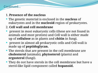 Continued…
1. Presence of the nucleus
 The genetic material is enclosed in the nucleus of
eukaryotes and in the nucleoid region of prokaryotes.
2. Cell wall and cell membrane
 present in most eukaryotic cells (these are not found in
animals and most protists) and Cell wall is either made
up of cellulose as in plants and chitin in fungi.
 present in almost all prokaryotic cells and Cell wall is
made up of peptidoglycan.
 The sterols that are present in the cell membrane are
cholesterol (animals), phytosterol (plants) and
ergosterol (fungi).
 They do not have sterols in the cell membrane but have a
sterol-like lipid component called hopanoid.
 