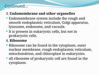 Continued…
3. Endomembrane and other organelles
 Endomembrane system include the rough and
smooth endoplasmic reticulum, Golgi apparatus,
lysosome, endosome, and vacuole.
 It is present in eukaryotic cells, but not in
prokaryotic cells.
4. Ribosome
 Ribosome can be found in the cytoplasm, outer
nuclear membrane, rough endoplasmic reticulum,
mitochondrion, and chloroplast in eukaryotes.
 all ribosome of prokaryotic cell are found in the
cytoplasm.
 