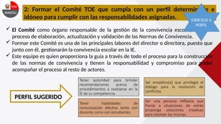 2: Formar el Comité TOE que cumpla con un perfil determinado e
idóneo para cumplir con las responsabilidades asignadas.
 El Comité como órgano responsable de la gestión de la convivencia escolar, lidera el
proceso de elaboración, actualización y validación de las Normas de Convivencia.
 Formar este Comité es una de las principales labores del director o directora, puesto que
junto con él, gestionarán la convivencia escolar en la IE.
 Este equipo es quien proporciona la guía a través de todo el proceso para la construcción
de las normas de convivencia y tienen la responsabilidad y compromiso para poder
acompañar el proceso al resto de actores.
Tener habilidades de
comunicación efectiva tanto con
docente como con estudiantes.
Ser una persona reflexiva que
frente a situaciones de estrés
proponga soluciones creativas
para resolver las mismas.
PERFIL SUGERIDO
Tener autoridad para brindar
recomendaciones acerca de
procedimientos a realizarse en la
IE de su competencia.
Ser empático(a) que privilegie el
diálogo para la resolución de
conflictos.
EJERCICIO 3
PERFIL
 