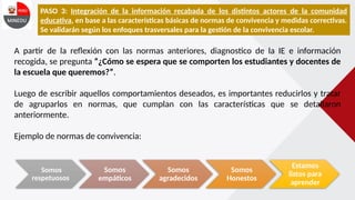PASO 3: Integración de la información recabada de los distintos actores de la comunidad
educativa, en base a las características básicas de normas de convivencia y medidas correctivas.
Se validarán según los enfoques trasversales para la gestión de la convivencia escolar.
A partir de la reflexión con las normas anteriores, diagnostico de la IE e información
recogida, se pregunta “¿Cómo se espera que se comporten los estudiantes y docentes de
la escuela que queremos?”.
Luego de escribir aquellos comportamientos deseados, es importantes reducirlos y tratar
de agruparlos en normas, que cumplan con las características que se detallaron
anteriormente.
Ejemplo de normas de convivencia:
Somos
respetuosos
Somos
empáticos
Somos
agradecidos
Somos
Honestos
Estamos
listos para
aprender
 