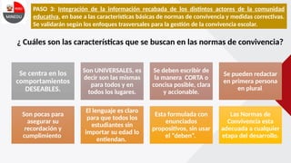 PASO 3: Integración de la información recabada de los distintos actores de la comunidad
educativa, en base a las características básicas de normas de convivencia y medidas correctivas.
Se validarán según los enfoques trasversales para la gestión de la convivencia escolar.
¿ Cuáles son las características que se buscan en las normas de convivencia?
Se centra en los
comportamientos
DESEABLES.
Son UNIVERSALES, es
decir son las mismas
para todos y en
todos los lugares.
Se deben escribir de
la manera CORTA o
concisa posible, clara
y accionable.
Se pueden redactar
en primera persona
en plural.
Son pocas para
asegurar su
recordación y
cumplimiento.
El lenguaje es claro
para que todos los
estudiantes sin
importar su edad lo
entiendan.
Esta formulada con
enunciados
propositivos, sin usar
el “deben”.
Las Normas de
Convivencia esta
adecuada a cualquier
etapa del desarrollo.
 