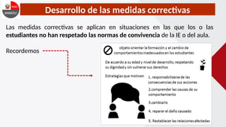 Desarrollo de las medidas correctivas
Las medidas correctivas se aplican en situaciones en las que los o las
estudiantes no han respetado las normas de convivencia de la IE o del aula.
Recordemos
 