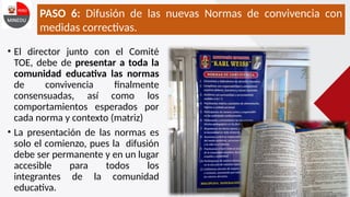 PASO 6: Difusión de las nuevas Normas de convivencia con
medidas correctivas.
• El director junto con el Comité
TOE, debe de presentar a toda la
comunidad educativa las normas
de convivencia finalmente
consensuadas, así como los
comportamientos esperados por
cada norma y contexto (matriz)
• La presentación de las normas es
solo el comienzo, pues la difusión
debe ser permanente y en un lugar
accesible para todos los
integrantes de la comunidad
educativa.
 