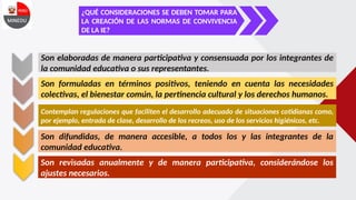 ¿QUÉ CONSIDERACIONES SE DEBEN TOMAR PARA
LA CREACIÓN DE LAS NORMAS DE CONVIVENCIA
DE LA IE?
Son elaboradas de manera participativa y consensuada por los integrantes de
la comunidad educativa o sus representantes.
Son formuladas en términos positivos, teniendo en cuenta las necesidades
colectivas, el bienestar común, la pertinencia cultural y los derechos humanos.
Contemplan regulaciones que faciliten el desarrollo adecuado de situaciones cotidianas como,
por ejemplo, entrada de clase, desarrollo de los recreos, uso de los servicios higiénicos, etc.
Son difundidas, de manera accesible, a todos los y las integrantes de la
comunidad educativa.
Son revisadas anualmente y de manera participativa, considerándose los
ajustes necesarios.
 