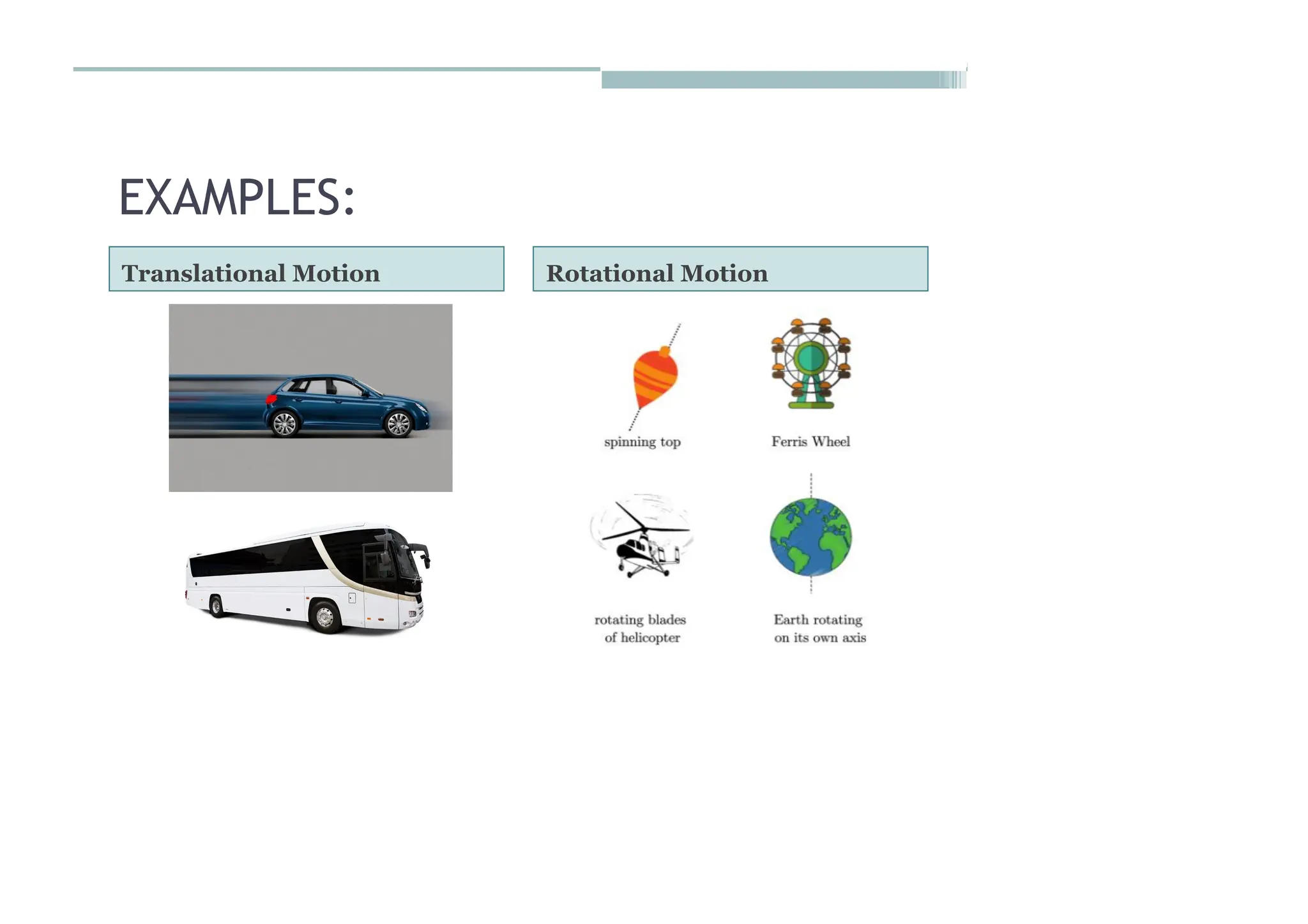 EXAMPLES:
Translational Motion Rotational Motion
 