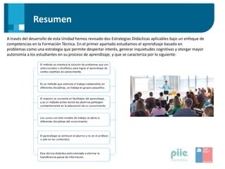 Resumen
A través del desarrollo de esta Unidad hemos revisado dos Estrategias Didácticas aplicables bajo un enfoque de
competencias en la Formación Técnica. En el primer apartado estudiamos el aprendizaje basado en
problemas como una estrategia que permite despertar interés, generar inquietudes cognitivas y otorgar mayor
autonomía a los estudiantes en su proceso de aprendizaje, y que se caracteriza por lo siguiente:
 
