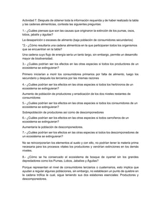 Actividad 7. Después de obtener toda la información requerida y de haber realizado la tabla
y las cadenas alimenticias, contesta las siguientes preguntas:
1.- ¿Cuáles piensas que son las causas que originaron la extinción de los pumas, osos,
lobos, jabalís y águilas?
La desaparición o escases de alimento (baja población de consumidores secundarios)
*2.- ¿Cómo resultaría una cadena alimenticia en la que participaran todos los organismos
que se encuentran en la tabla?
Una cadena cuyo flujo de energía sería un tanto largo, sin embargo, permite un desarrollo
mayor de biodiversidad.
3.- ¿Cuáles podrían ser los efectos en las otras especies si todos los productores de un
ecosistema se extinguieran?
Primero iniciarían a morir los consumidores primarios por falta de alimento, luego los
secundario y después los terciarios por las mismas razones
4.- ¿Cuáles podrían ser los efectos en las otras especies si todos los herbívoros de un
ecosistema se extinguieran?
Aumento de población de productores y erradicación de los dos niveles restantes de
consumidores
5.- ¿Cuáles podrían ser los efectos en las otras especies si todos los consumidores de un
ecosistema se extinguieran?
Sobrepoblación de productores así como de descomponedores
6.- ¿Cuáles podrían ser los efectos en las otras especies si todos carroñeros de un
ecosistema se extinguieran?
Aumentaría la población de descomponedores.
7.- ¿Cuáles podrían ser los efectos en las otras especies si todos los descomponedores de
un ecosistema se extinguieran?
No se reincorporarían los elementos al suelo y con ello, no podrían tener la materia prima
necesaria para los procesos vitales los productores y vendrían extinciones en los demás
niveles.
8.- ¿Cómo se ha conservado el ecosistema de bosque de oyamel sin los grandes
depredadores como los Pumas, Lobos, Jabalíes y Águilas?
Porque representan el nivel de consumidores terciarios o cuaternarios, esto implica que
ayudan a regular algunas poblaciones, sin embargo, no establecen un punto de quiebre en
la cadena trófica la cual, sigue teniendo sus dos eslabones esenciales: Productores y
descomponedores.
 