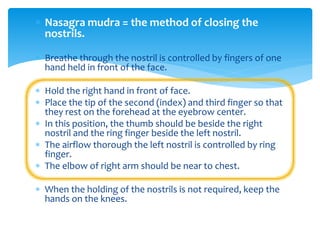  Nasagra mudra = the method of closing the
nostrils.
 Breathe through the nostril is controlled by fingers of one
hand held in front of the face.
 Hold the right hand in front of face.
 Place the tip of the second (index) and third finger so that
they rest on the forehead at the eyebrow center.
 In this position, the thumb should be beside the right
nostril and the ring finger beside the left nostril.
 The airflow thorough the left nostril is controlled by ring
finger.
 The elbow of right arm should be near to chest.
 When the holding of the nostrils is not required, keep the
hands on the knees.
 
