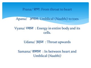 Prana/ प्राण: From throat to heart
Apana/ अपान: Umblical (Naabhi) to toes
Vyana/ व्यान : Energy in entire body and its
cells.
Udana/ उदान : Throat upwards
Samana/ समान : In between heart and
Umblical (Naabhi)
 