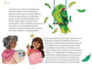 Como no había mucho que hacer con mi
abuelita, me puse a dibujar mientras
ella tejía y veía la tele. Cuando terminé
mi dibujo, me di cuenta de que había
olvidado mis colores de madera, así
que volteé a ver a Tico y tuve una gran
idea. ¿Y si coloreaba mi dibujo con sus
plumas? Le pedí ayuda a mi abuelita
para tomar las plumas regadas en
la jaula de Tico y luego busqué lápiz
adhesivo para pegarlas en mi dibujo.
“Cuando era niña, mis papás me
fueron a dejar con mi abuelita
porque tenían que ir a una fiesta y
no me podían llevar. Mi abuelita
tenía un periquito llamado Tico.
Debes saber que, al inicio de la
primavera, Tico mudaba sus plumas,
es decir, se le caían para que le
crecieran unas nuevas, más bonitas,
con más colores y más grandes.
Angélica Guadalupe Mendía Martínez, baja california sur
10
ML_3º_Preescolar.indb 10
ML_3º_Preescolar.indb 10 07/06/24 15:50
07/06/24 15:50
 