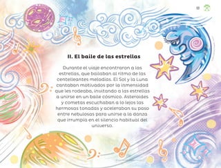 Durante el viaje encontraron a las
estrellas, que bailaban al ritmo de las
centelleantes melodías. El Sol y la Luna
cantaban motivados por la inmensidad
que les rodeaba, invitando a las estrellas
a unirse en un baile cósmico. Asteroides
y cometas escuchaban a lo lejos las
hermosas tonadas y aceleraban su paso
entre nebulosas para unirse a la danza
que irrumpía en el silencio habitual del
universo.
II. El baile de las estrellas
Octavio Sánchez Oropeza, veracruz
O
c
t
a
v
i
o
S
á
n
c
h
e
z
O
r
o
p
e
z
a
,
v
e
r
a
c
r
u
z
101
ML_3º_Preescolar.indb 101
ML_3º_Preescolar.indb 101 07/06/24 15:55
07/06/24 15:55
 