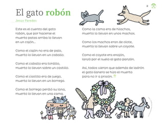 41
Este es el cuento del gato
robón, que por hacerse el
muerto patas arriba lo llevan
en un cajón…
Como el cajón no era de palo,
muerto lo llevan en un caballo.
Como el caballo era tordillo,
muerto lo llevan sobre un castillo.
Como el castillo era de juego,
muerto lo llevan en un borrego.
Como el borrego perdió su lana,
muerto lo llevan en una cama.
Como la cama era de hilachos,
muerto lo llevan en unos machos.
Como los machos eran de olote,
muerto lo llevan sobre un coyote.
Como el coyote era enojón,
lanzó por el suelo al gato panzón.
Así, todos vieron que además de ladrón
el gato llanero se hizo el muerto
para no ir a prisión.
El gato robón
Jesús Paredes
L
u
i
s
R
i
c
a
r
d
o
R
a
m
o
s
H
e
r
n
á
n
d
e
z
,
p
u
e
b
l
a
ML_3º_Preescolar.indb 41
ML_3º_Preescolar.indb 41 07/06/24 15:53
07/06/24 15:53
 