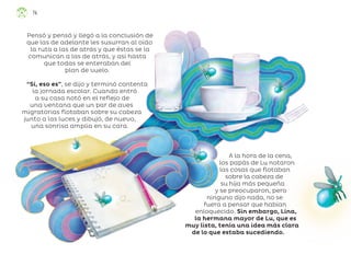 A la hora de la cena,
los papás de Lu notaron
las cosas que flotaban
sobre la cabeza de
su hija más pequeña
y se preocuparon, pero
ninguno dijo nada, no se
fuera a pensar que habían
enloquecido. Sin embargo, Lina,
la hermana mayor de Lu, que es
muy lista, tenía una idea más clara
de lo que estaba sucediendo.
Pensó y pensó y llegó a la conclusión de
que las de adelante les susurran al oído
la ruta a las de atrás y que éstas se la
comunican a las de atrás, y así hasta
que todas se enteraban del
plan de vuelo.
“Sí, eso es”, se dijo y terminó contenta
la jornada escolar. Cuando entró
a su casa notó en el reflejo de
una ventana que un par de aves
migratorias flotaban sobre su cabeza
junto a las luces y dibujó, de nuevo,
una sonrisa amplia en su cara.
74
ML_3º_Preescolar.indb 74
ML_3º_Preescolar.indb 74 07/06/24 15:54
07/06/24 15:54
 