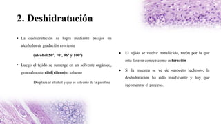 2. Deshidratación
• La deshidratación se logra mediante pasajes en
alcoholes de gradación creciente
(alcohol 50°, 70°, 96° y 100°)
• Luego el tejido se sumerge en un solvente orgánico,
generalmente xilol(xileno) o tolueno
Desplaza al alcohol y que es solvente de la parafina
 El tejido se vuelve translúcido, razón por la que
esta fase se conoce como aclaración
 Si la muestra se ve de «aspecto lechoso», la
deshidratación ha sido insuficiente y hay que
recomenzar el proceso.
 