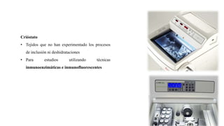 Crióstato
• Tejidos que no han experimentado los procesos
de inclusión ni deshidrataciones
• Para estudios utilizando técnicas
inmunoenzimáticas e inmunofluorescentes
 