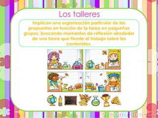 Los talleres
Implican una organización particular de las
propuestas en función de la tarea en pequeños
grupos, buscando momentos de reflexión alrededor
de una tarea que tiende al trabajo sobre los
contenidos.
 