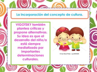 La incorporación del concepto de cultura.
VIGOTSKY también
plantea críticas y
propone alternativas.
Su idea es que el
desarrollo del niño/a
está siempre
mediatizado por
importantes
determinaciones
culturales.
 