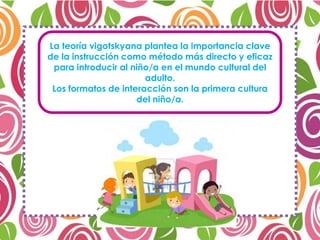 La teoría vigotskyana plantea la importancia clave
de la instrucción como método más directo y eficaz
para introducir al niño/a en el mundo cultural del
adulto.
Los formatos de interacción son la primera cultura
del niño/a.
 