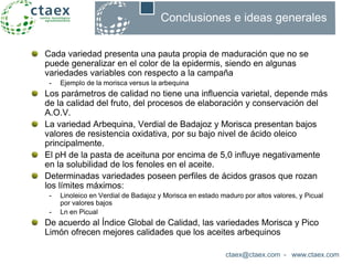 ctaex@ctaex.com - www.ctaex.com
Conclusiones e ideas generales
Cada variedad presenta una pauta propia de maduración que no se
puede generalizar en el color de la epidermis, siendo en algunas
variedades variables con respecto a la campaña
- Ejemplo de la morisca versus la arbequina
Los parámetros de calidad no tiene una influencia varietal, depende más
de la calidad del fruto, del procesos de elaboración y conservación del
A.O.V.
La variedad Arbequina, Verdial de Badajoz y Morisca presentan bajos
valores de resistencia oxidativa, por su bajo nivel de ácido oleico
principalmente.
El pH de la pasta de aceituna por encima de 5,0 influye negativamente
en la solubilidad de los fenoles en el aceite.
Determinadas variedades poseen perfiles de ácidos grasos que rozan
los límites máximos:
- Linoleico en Verdial de Badajoz y Morisca en estado maduro por altos valores, y Picual
por valores bajos
- Ln en Picual
De acuerdo al Índice Global de Calidad, las variedades Morisca y Pico
Limón ofrecen mejores calidades que los aceites arbequinos
 