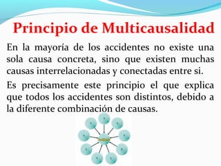 Principio de Multicausalidad 
En la mayoría de los accidentes no existe una 
sola causa concreta, sino que existen muchas 
causas interrelacionadas y conectadas entre si. 
Es precisamente este principio el que explica 
que todos los accidentes son distintos, debido a 
la diferente combinación de causas. 
 