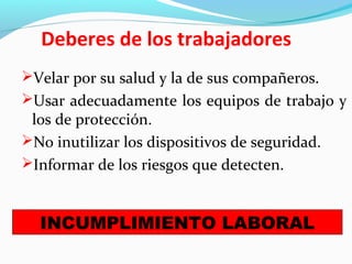 Deberes de los trabajadores 
Velar por su salud y la de sus compañeros. 
Usar adecuadamente los equipos de trabajo y 
los de protección. 
No inutilizar los dispositivos de seguridad. 
Informar de los riesgos que detecten. 
INCUMPLIMIENTO LABORAL 
 