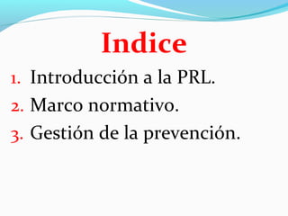 Indice 
1. Introducción a la PRL. 
2. Marco normativo. 
3. Gestión de la prevención. 
 