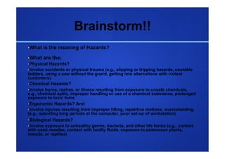 Brainstorm!!
• What is the meaning of Hazards?

• What are the:
• Physical Hazards?
• involve accidents or physical trauma (e.g., slipping or tripping hazards, unstable
ladders, using a saw without the guard, getting into altercations with violent
customers)
• Chemical Hazards?
• involve burns, rashes, or illness resulting from exposure to unsafe chemicals,
e.g., chemical spills, improper handling or use of a chemical substance, prolonged
exposure to toxic fume
• Ergonomic Hazards? And
• involve injuries resulting from improper lifting, repetitive motions, overextending
(e.g., spending long periods at the computer, poor set-up of workstation)
• Biological Hazards?
• involve exposure to unhealthy germs, bacteria, and other life forms (e.g., contact
with used needles, contact with bodily fluids, exposure to poisonous plants,
insects, or reptiles)
 