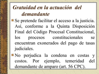 Gratuidad en la actuación  del demandante   Se pretende facilitar el acceso a la justicia. Así, conforme a la Quinta Disposición Final del Código Procesal Constitucional, los procesos constitucionales se encuentran exonerados del pago de tasas judiciales.  No perjudica la condena en costas y costos. Por ejemplo, temeridad del demandante de amparo (art. 56 CPC).  