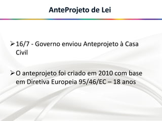 16/7 - Governo enviou Anteprojeto à Casa
Civil
O anteprojeto foi criado em 2010 com base
em Diretiva Europeia 95/46/EC – 18 anos
 