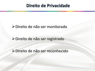 Direito de não ser monitorado
Direito de não ser registrado
Direito de não ser reconhecido
 