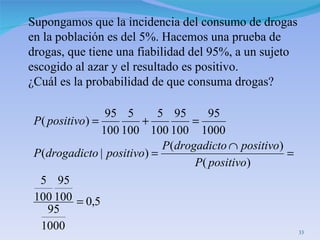 Supongamos que la incidencia del consumo de drogas  en la población es del 5%. Hacemos una prueba de  drogas, que tiene una fiabilidad del 95%, a un sujeto  escogido al azar y el resultado es positivo.  ¿Cuál es la probabilidad de que consuma drogas?  