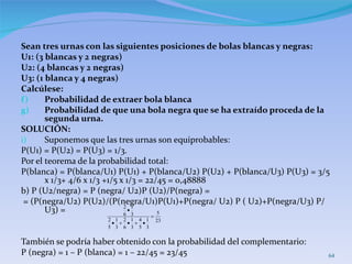 Sean tres urnas con las siguientes posiciones de bolas blancas y negras: U1: (3 blancas y 2 negras) U2: (4 blancas y 2 negras) U3: (1 blanca y 4 negras) Calcúlese: Probabilidad de extraer bola blanca Probabilidad de que una bola negra que se ha extraído proceda de la segunda urna. SOLUCIÓN: Suponemos que las tres urnas son equiprobables: P(U1) = P(U2) = P(U3) = 1/3. Por el teorema de la probabilidad total: P(blanca) = P(blanca/U1) P(U1) + P(blanca/U2) P(U2) + P(blanca/U3) P(U3) = 3/5 x 1/3+ 4/6 x 1/3 +1/5 x 1/3 = 22/45 = 0,48888 b) P (U2/negra) = P (negra/ U2)P (U2)/P(negra) = = (P(negra/U2) P(U2)/(P(negra/U1)P(U1)+P(negra/ U2) P ( U2)+P(negra/U3) P/U3) =  También se podría haber obtenido con la probabilidad del complementario: P (negra) = 1 – P (blanca) = 1 – 22/45 = 23/45  
