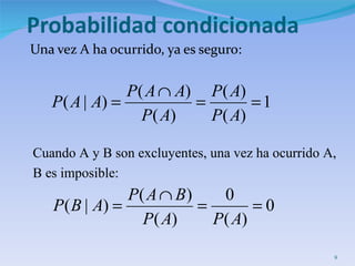 Probabilidad condicionada Una vez A ha ocurrido, ya es seguro: Cuando A y B son excluyentes, una vez ha ocurrido A,  B es imposible: 