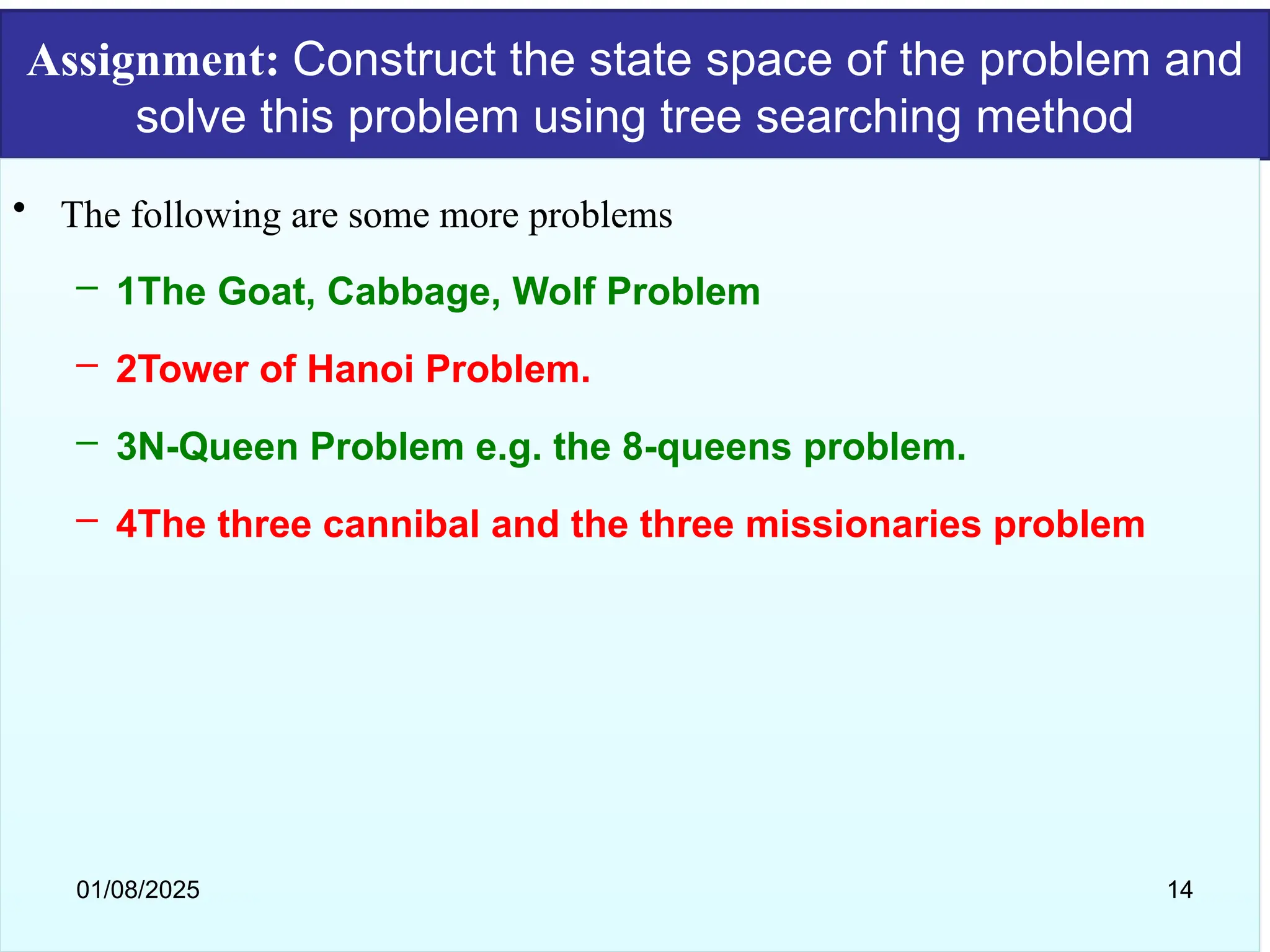 Assignment: Construct the state space of the problem and
solve this problem using tree searching method
• The following are some more problems
– 1The Goat, Cabbage, Wolf Problem
– 2Tower of Hanoi Problem.
– 3N-Queen Problem e.g. the 8-queens problem.
– 4The three cannibal and the three missionaries problem
01/08/2025 14
 