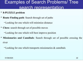 Examples of Search Problems/ Tree
search representation
• 8-PUZZLE problem
• Route Finding path: Search through set of paths
–Looking for one which will minimize distance
• Chess: search through set of possible moves
–Looking for one which will best improve position
• Missionaries and Cannibals: Search through set of possible crossing the
river
–Looking for one which transports missionaries & cannibals
01/08/2025 22
 