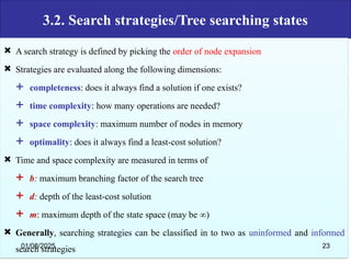 3.2. Search strategies/Tree searching states
 A search strategy is defined by picking the order of node expansion
 Strategies are evaluated along the following dimensions:
 completeness: does it always find a solution if one exists?
 time complexity: how many operations are needed?
 space complexity: maximum number of nodes in memory
 optimality: does it always find a least-cost solution?
 Time and space complexity are measured in terms of
 b: maximum branching factor of the search tree
 d: depth of the least-cost solution
 m: maximum depth of the state space (may be ∞)
 Generally, searching strategies can be classified in to two as uninformed and informed
search strategies
01/08/2025 23
 