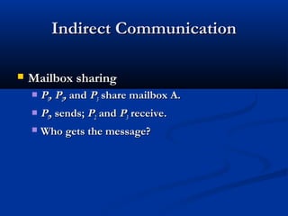 Indirect CommunicationIndirect Communication
 Mailbox sharingMailbox sharing
 PP11, P, P22,, andand PP33 share mailbox A.share mailbox A.
 PP11, sends;, sends; PP22 andand PP33 receive.receive.
 Who gets the message?Who gets the message?
 