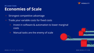 W E B G I L I T Y 2 0 1 9 . A L L R I G H T S W W W . W E B G I L I T Y . C O M
#2 Lower Costs
Economies of Scale
▹ Strongest competitive advantage
▹ Trade your variable costs for fixed costs
▪ Invest in software & automation to lower marginal
costs
▪ Manual tasks are the enemy of scale
 