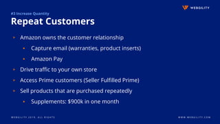 W E B G I L I T Y 2 0 1 9 . A L L R I G H T S W W W . W E B G I L I T Y . C O M
#3 Increase Quantity
Repeat Customers
▹ Amazon owns the customer relationship
▪ Capture email (warranties, product inserts)
▪ Amazon Pay
▹ Drive traffic to your own store
▹ Access Prime customers (Seller Fulfilled Prime)
▹ Sell products that are purchased repeatedly
▪ Supplements: $900k in one month
 