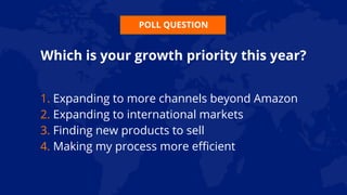 POLL QUESTION
Which is your growth priority this year?
1. Expanding to more channels beyond Amazon
2. Expanding to international markets
3. Finding new products to sell
4. Making my process more efficient
 