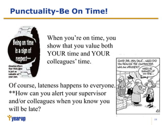 19
Punctuality-Be On Time!
When you’re on time, you
show that you value both
YOUR time and YOUR
colleagues’ time.
Of course, lateness happens to everyone.
**How can you alert your supervisor
and/or colleagues when you know you
will be late?
 