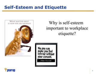 4
Why is self-esteem
important to workplace
etiquette?
Self-Esteem and Etiquette
 