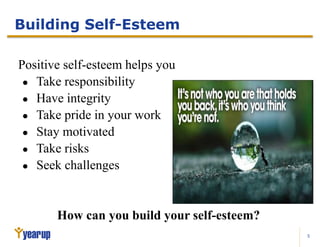 5
Building Self-Esteem
Positive self-esteem helps you
● Take responsibility
● Have integrity
● Take pride in your work
● Stay motivated
● Take risks
● Seek challenges
How can you build your self-esteem?
 