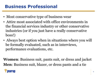 8
• Most conservative type of business wear
• Attire most associated with office environments in
the financial services industry or other conservative
industries (or if you just have a really conservative
boss!)
• Always best option when in situations where you will
be formally evaluated, such as in interviews,
performance evaluations, etc.
Women: Business suit, pants suit, or dress and jacket
Men: Business suit, blazer, or dress pants and a tie
Business Professional
 
