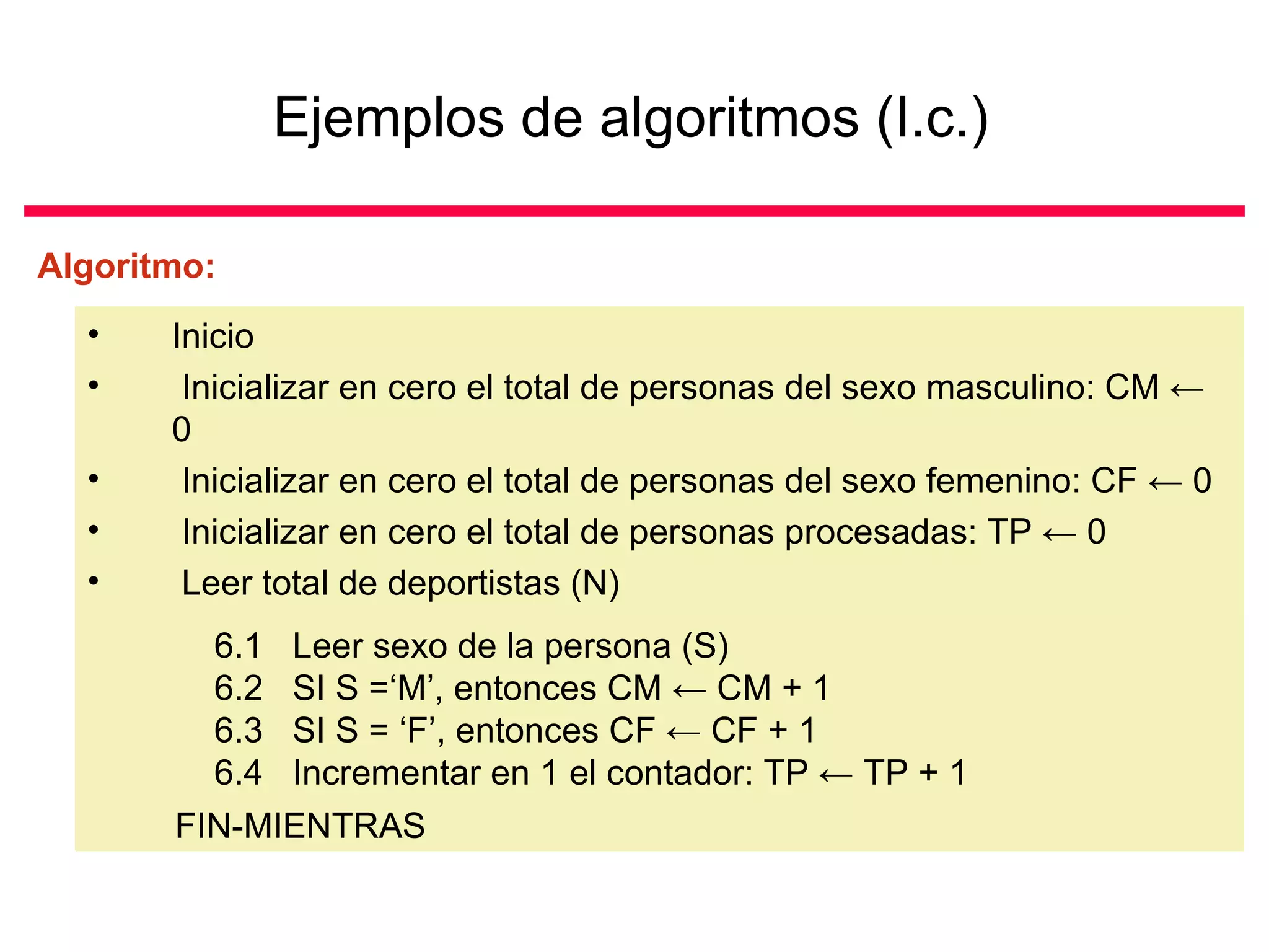 Ejemplos de algoritmos (I.c.)

Algoritmo:
  •    Inicio
  •     Inicializar en cero el total de personas del sexo masculino: CM ←
       0
  •     Inicializar en cero el total de personas del sexo femenino: CF ← 0
  •     Inicializar en cero el total de personas procesadas: TP ← 0
  •     Leer total de deportistas (N)
  •     MIENTRAS sexo de la persona (S)
          6.1 Leer TP < N
         6.2 SI S =‘M’, entonces CM ← CM + 1
         6.3 SI S = ‘F’, entonces CF ← CF + 1
         6.4 Incrementar en 1 el contador: TP ← TP + 1
       FIN-MIENTRAS
 