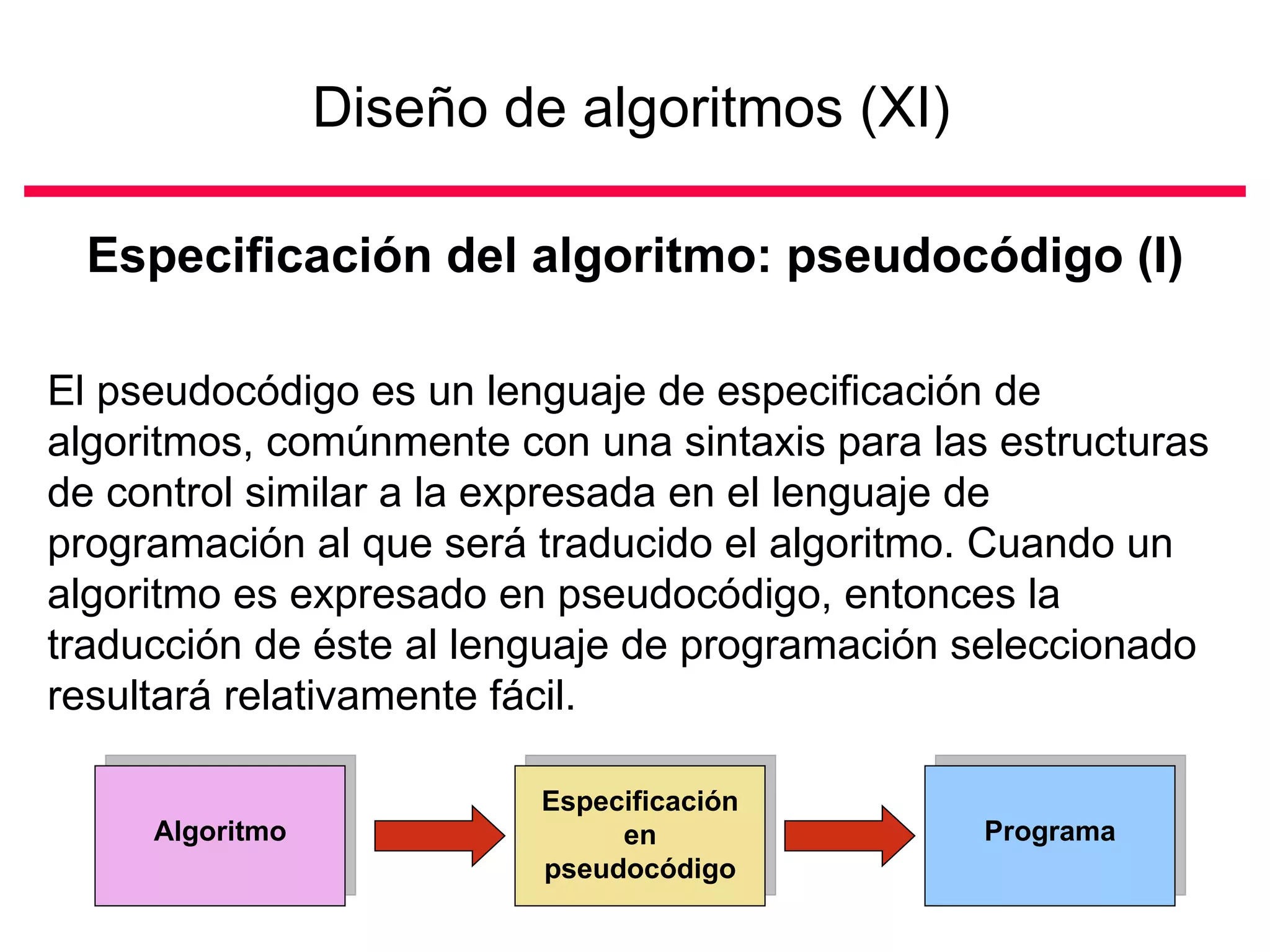 Diseño de algoritmos (XI)

  Especificación del algoritmo: pseudocódigo (I)

El pseudocódigo es un lenguaje de especificación de
algoritmos, comúnmente con una sintaxis para las estructuras
de control similar a la expresada en el lenguaje de
programación al que será traducido el algoritmo. Cuando un
algoritmo es expresado en pseudocódigo, entonces la
traducción de éste al lenguaje de programación seleccionado
resultará relativamente fácil.

                         Especificación
     Algoritmo                en                Programa
                         pseudocódigo
 