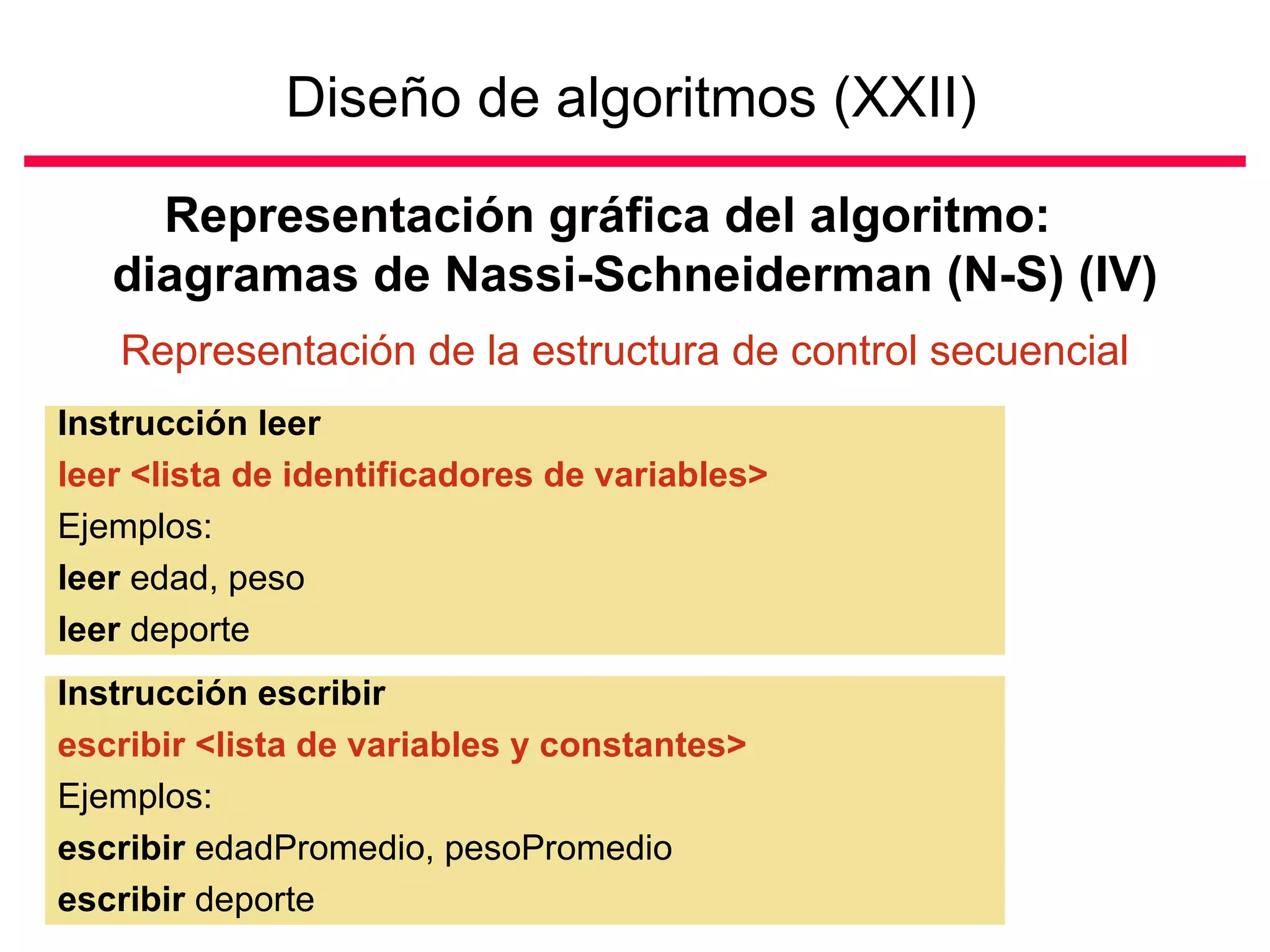 Diseño de algoritmos (XXII)

     Representación gráfica del algoritmo:
   diagramas de Nassi-Schneiderman (N-S) (IV)
   Representación de la estructura de control secuencial
Instrucción leer
leer <lista de identificadores de variables>
Ejemplos:
leer edad, peso
leer deporte
Instrucción escribir
escribir <lista de variables y constantes>
Ejemplos:
escribir edadPromedio, pesoPromedio
escribir deporte
 