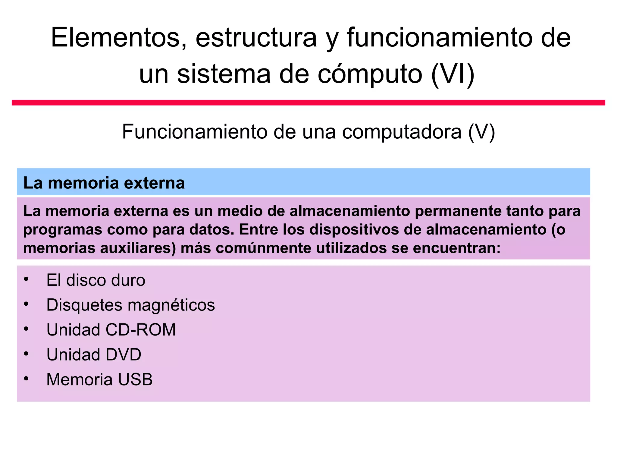 Elementos, estructura y funcionamiento de
          un sistema de cómputo (VI)

            Funcionamiento de una computadora (V)

La memoria externa
La memoria externa es un medio de almacenamiento permanente tanto para
programas como para datos. Entre los dispositivos de almacenamiento (o
memorias auxiliares) más comúnmente utilizados se encuentran:

•   El disco duro
•   Disquetes magnéticos
•   Unidad CD-ROM
•   Unidad DVD
•   Memoria USB
 