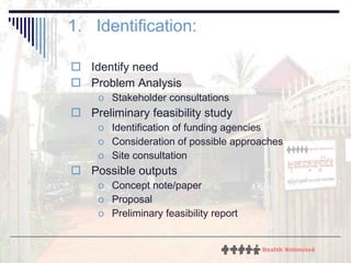 Identification: Identify need Problem Analysis Stakeholder consultations Preliminary feasibility study Identification of funding agencies Consideration of possible approaches Site consultation Possible outputs Concept note/paper Proposal Preliminary feasibility report 