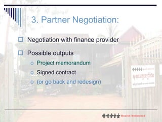 3. Partner Negotiation: Negotiation with finance provider Possible outputs Project memorandum Signed contract (or go back and redesign) 